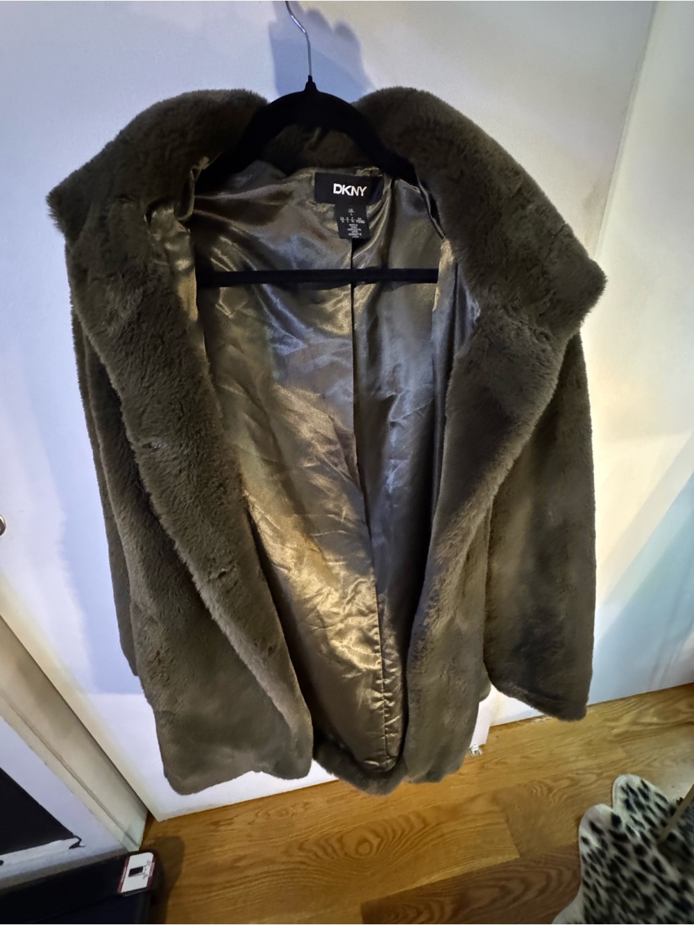 DKNY Brown Faux Fur Coat with Satin Lining Like New